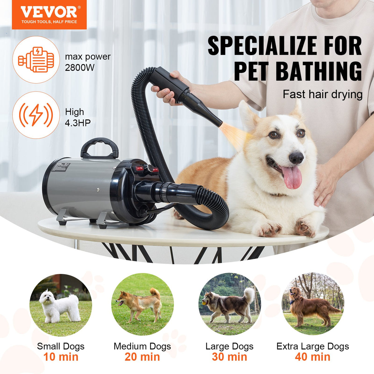 Dog Dryer, 2800W/4.3HP Dog Blow Dryer, Pet Grooming Dryer With Adjustable Speed And Temperature Control, Pet Hair Dryer 