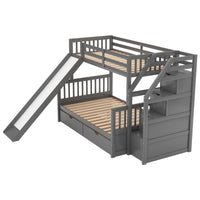 Twin over Full Bunk Bed with Drawers Storage and Slide  Multifunction Gray