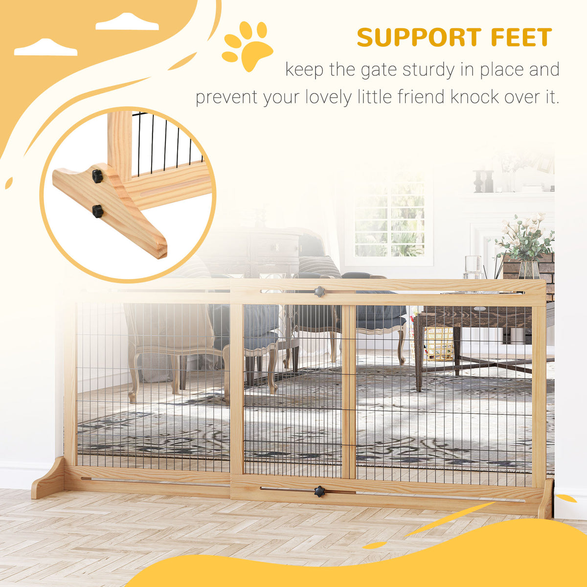 71" W x 27" H Extra Wide Freestanding Pet Gate with Adjustable Length Dog, Cat, Barrier for House, Doorway, Hallway, Nat