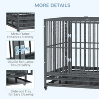 43" Heavy Duty Dog Crate Metal Cage Kennel with Lockable Wheels, Double Door and Removable Tray, Gray