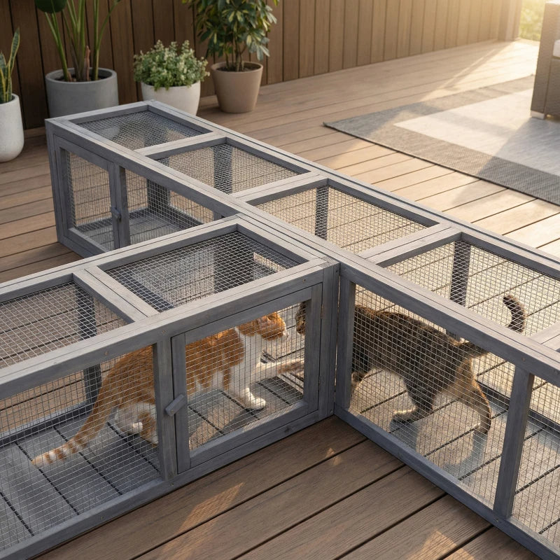 PawHut Wooden Cat Run With Weather Protection, Connecting Inside And Outside, Dark Gray