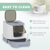 Covered Cat Litter Box with Lid, Drawer, Scoop, Top Entry, Deodorizing Bags, Odor Control, Easy to Clean, Gray