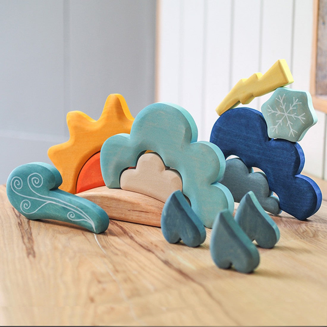 13 Pcs STAINED Wooden Weather Building Set