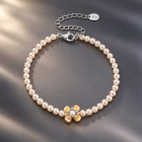 925 Sterling Silver White Gold Plated Nacre Synthetic Pearl CZ 16+5cm Bracelet for Women