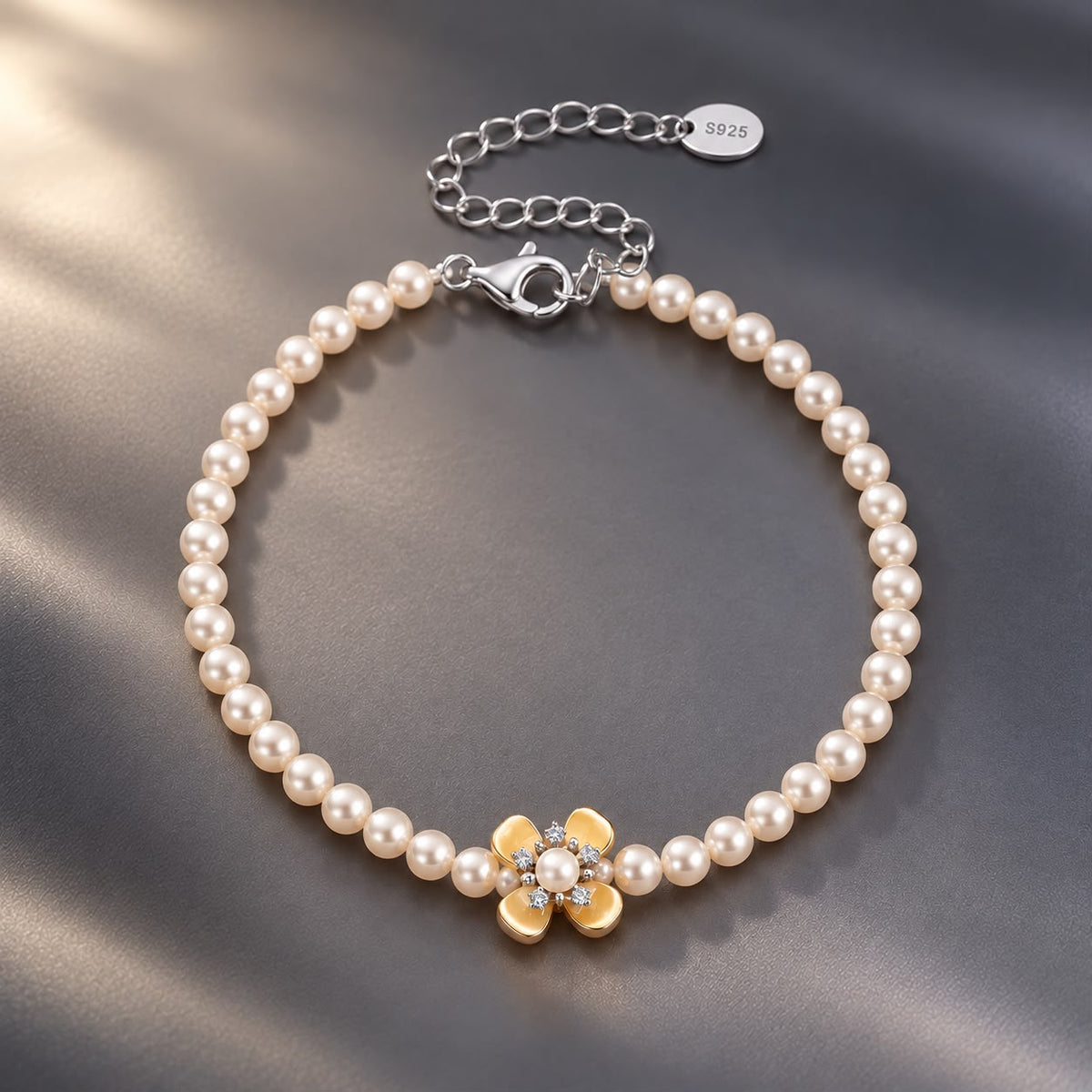 925 Sterling Silver White Gold Plated Nacre Synthetic Pearl CZ 16+5cm Bracelet for Women