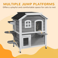 2-story Cat House Outdoor, Weatherproof Wooden Cat Enclosure for Feral Cats with Escape Door, Openable Roof, Jumping Pla