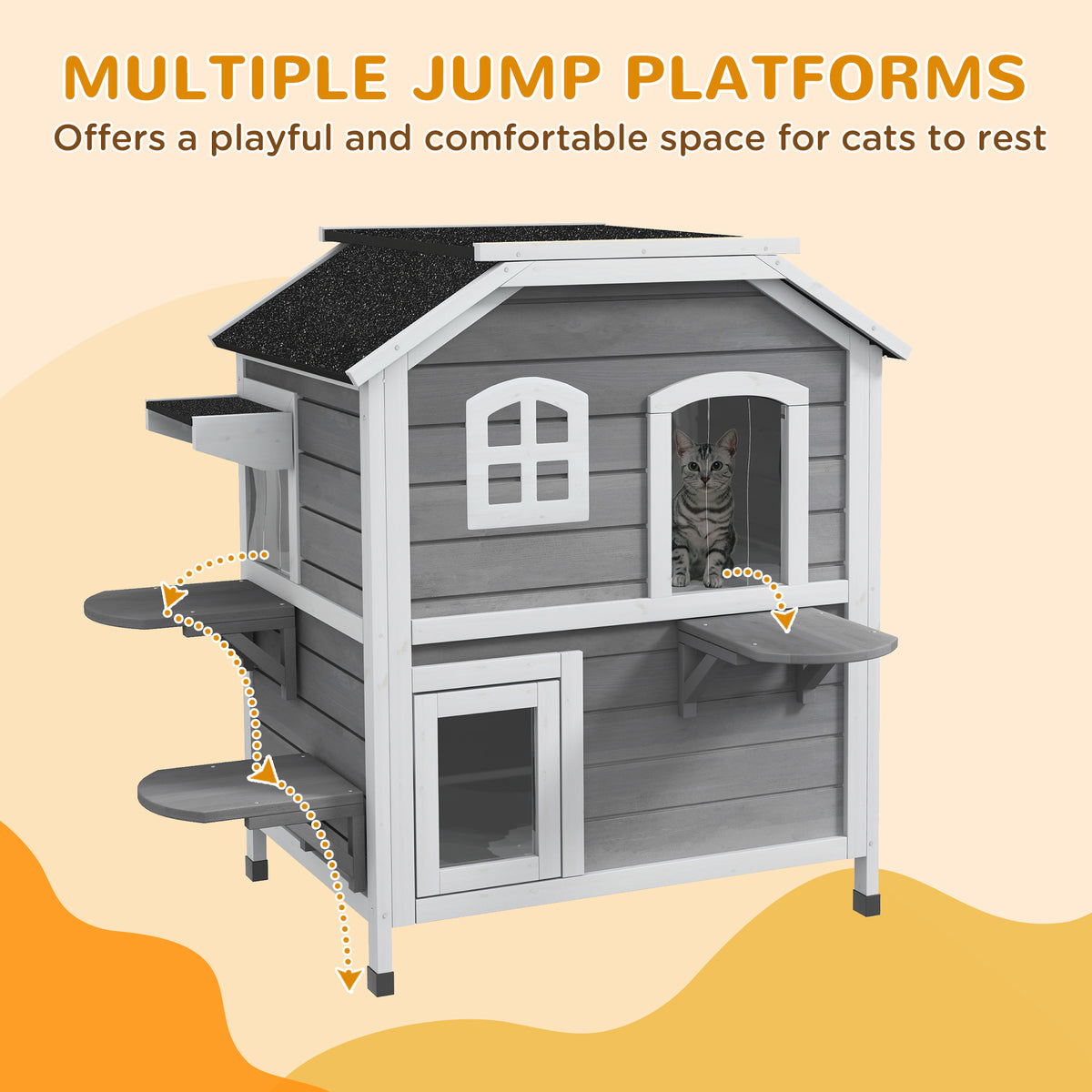2-story Cat House Outdoor, Weatherproof Wooden Cat Enclosure for Feral Cats with Escape Door, Openable Roof, Jumping Pla