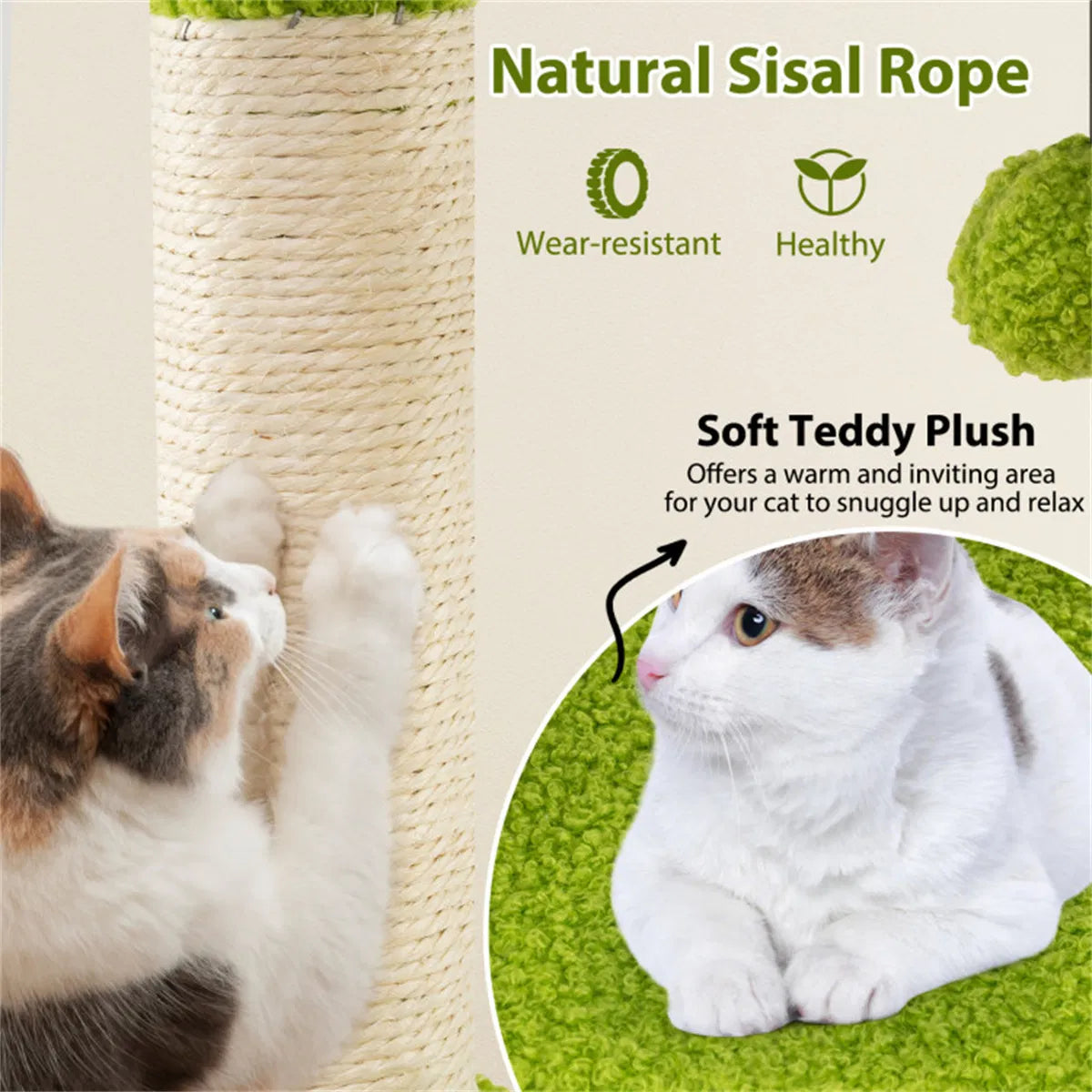 48" Cat Tree with Tropical Leaves - Self-Groomer & Scratching Posts, Space-Saving (Green+Orange)