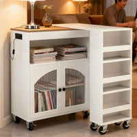 Kitchen Island On Wheels With Extended Table MDF Rolling Kitchen Storage Cart With LED Light Power Outlets 2 Fluted Glas