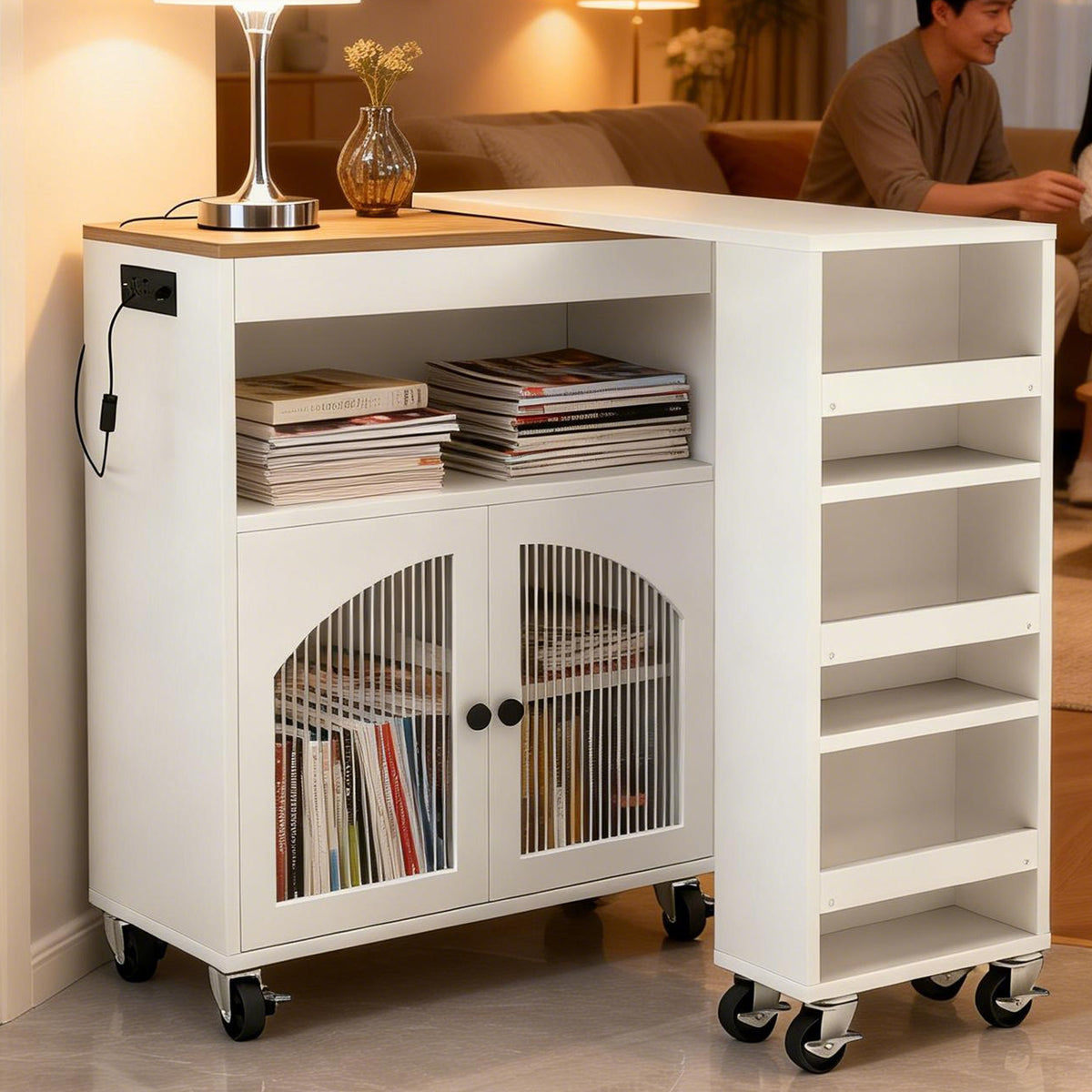 Kitchen Island On Wheels With Extended Table MDF Rolling Kitchen Storage Cart With LED Light Power Outlets 2 Fluted Glas