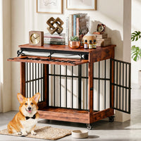 32in Dog Crate Furniture, Double Door Wooden Indoor Dog Kennel Furniture, Decorative Pet Cage End Table With Wheels For 