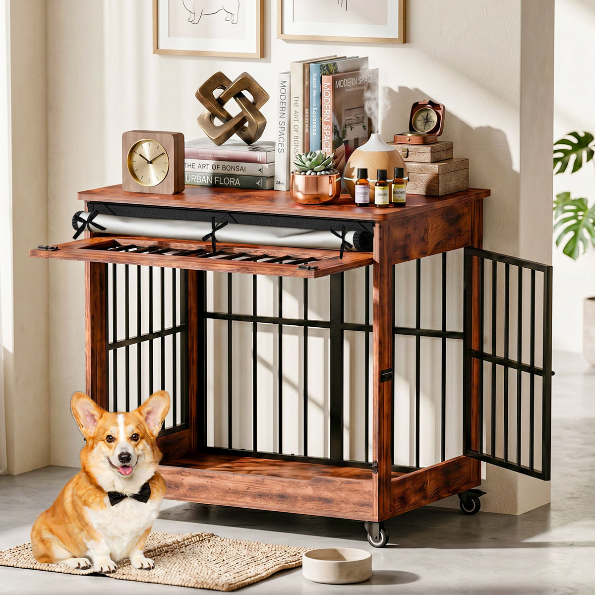 32in Dog Crate Furniture, Double Door Wooden Indoor Dog Kennel Furniture, Decorative Pet Cage End Table With Wheels For 