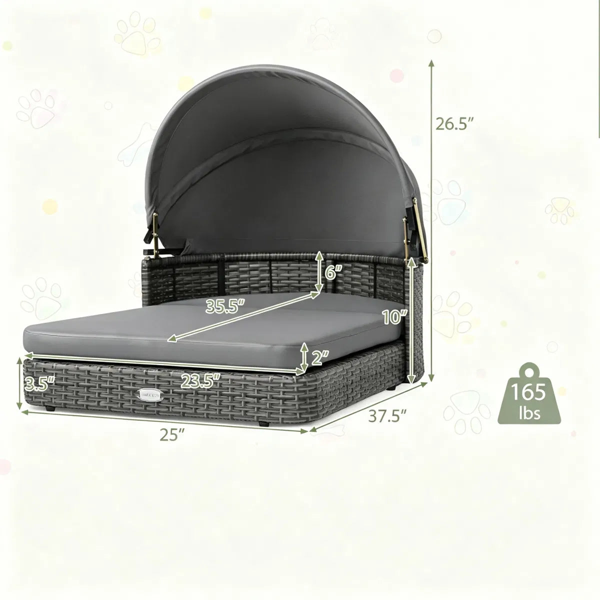 Gray Hand-Woven PE Rattan Dog Bed with Adjustable Canopy, Elevated Outdoor Pet Daybed with Washable Plush Cushion, Anti-