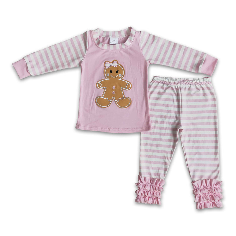 Pink gingerbread embroidery stripe girls Christmas pajamas - BIG FRENCHIES