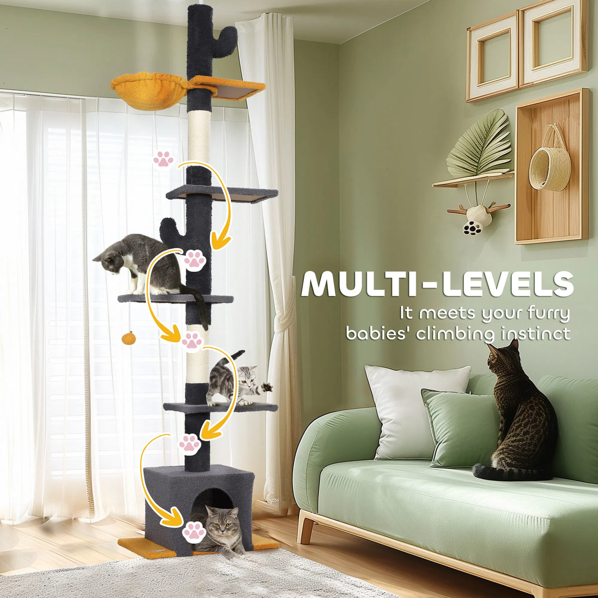 Floor to Ceiling Cat TreeTower with 90.5"-108" Adjustable Height, Scratching Posts, Hammock, Condo, Toy Ball, Dark Grey