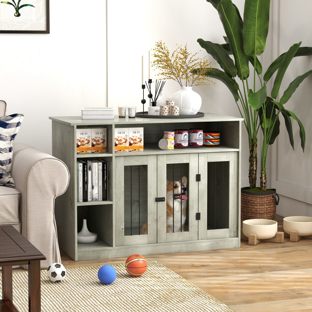 47" Dog Crate Furniture with Storage, for Large Medium Dogs, Gray