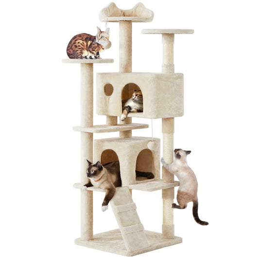 Ultimate 70" Double Condo Cat Tree with Scratching Posts - Creamy Comfort for Your Feline Friends! - BIG FRENCHIES
