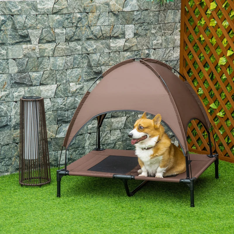 PawHut Elevated Portable Dog Cot Pet Bed With UV Protection Canopy Shade, 36 Inch, Coffee
