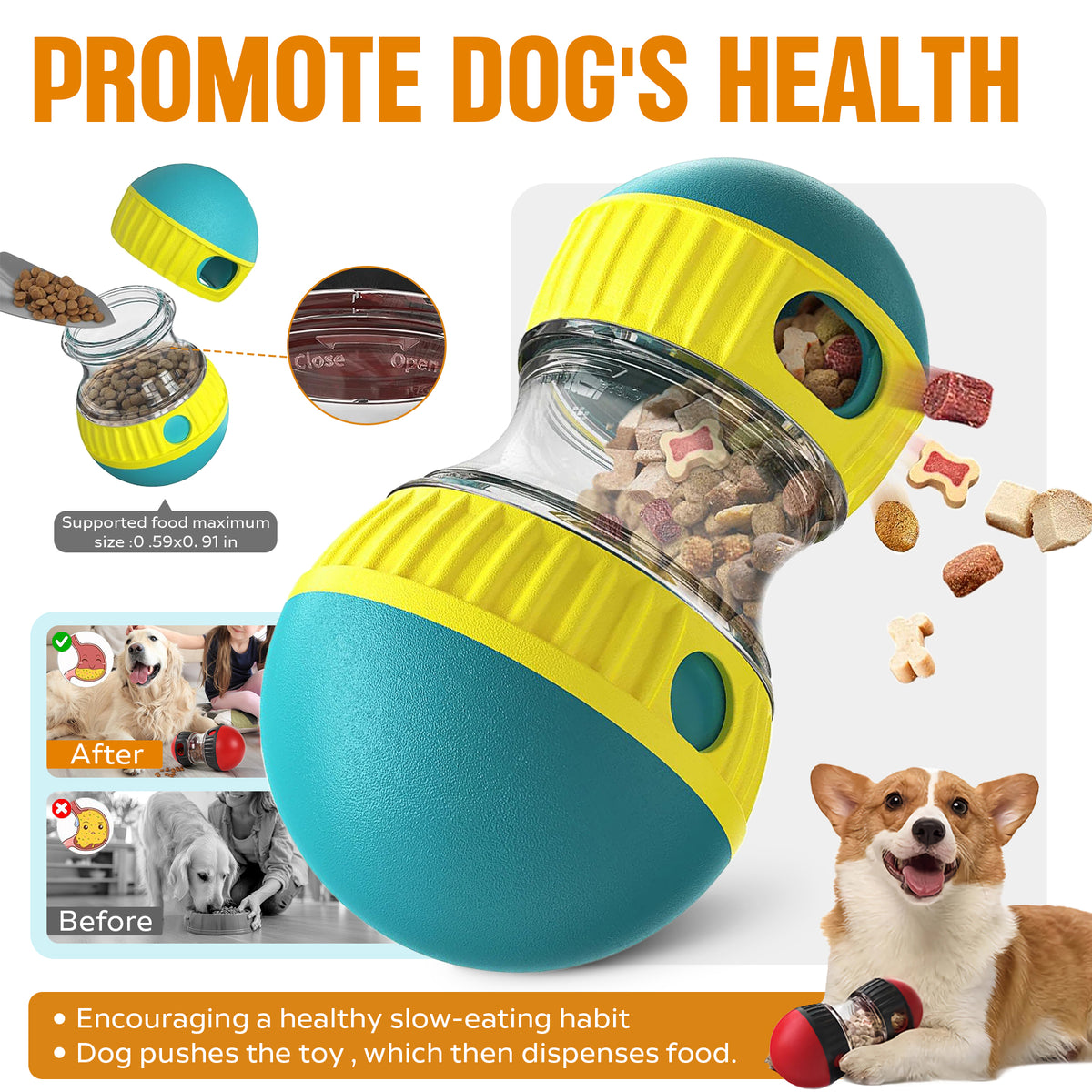 Dog Puzzle Toy, Adjustable Treat Dispensing Ball Food Dispenser Tough Slow Feeder Puppy Enrichment Training Toy Pet Inte