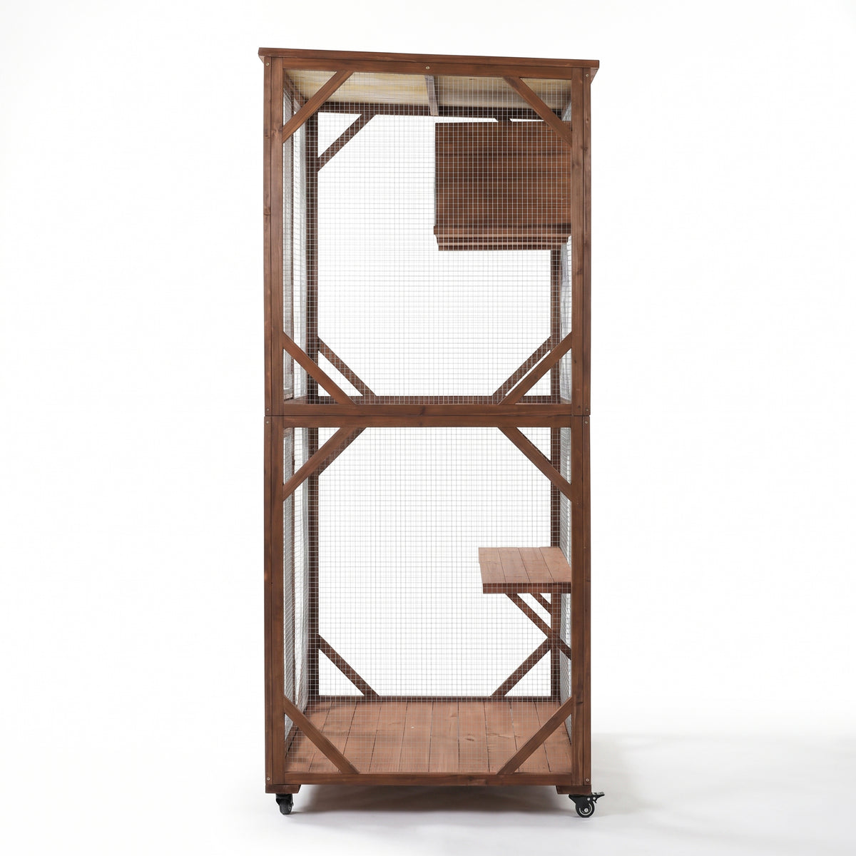 Large 2-Tier Outdoor Wooden Cat Enclosure on Lockable Wheels, Solid Fir Cat Cage with Multi-Level Platforms & Resting Ho