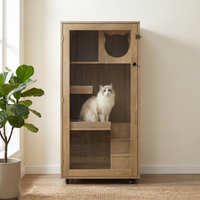 Basia Rubber Wood Cat Cabinet with Wheels, Ventilated Indoor Cat Condo with Multi-Level Shelves & Lockable Door, Safe & 