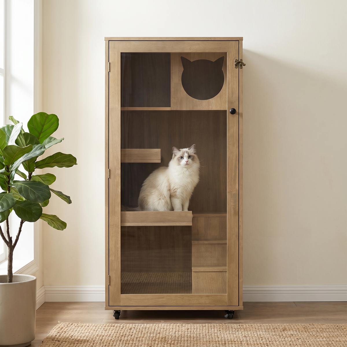 Basia Rubber Wood Cat Cabinet with Wheels, Ventilated Indoor Cat Condo with Multi-Level Shelves & Lockable Door, Safe & 