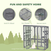 Large Wooden Catio Outdoor with 6 Jumping Platforms, Weatherproof Roof, for 1-3 Cats, 59" x 28" x 60", Gray