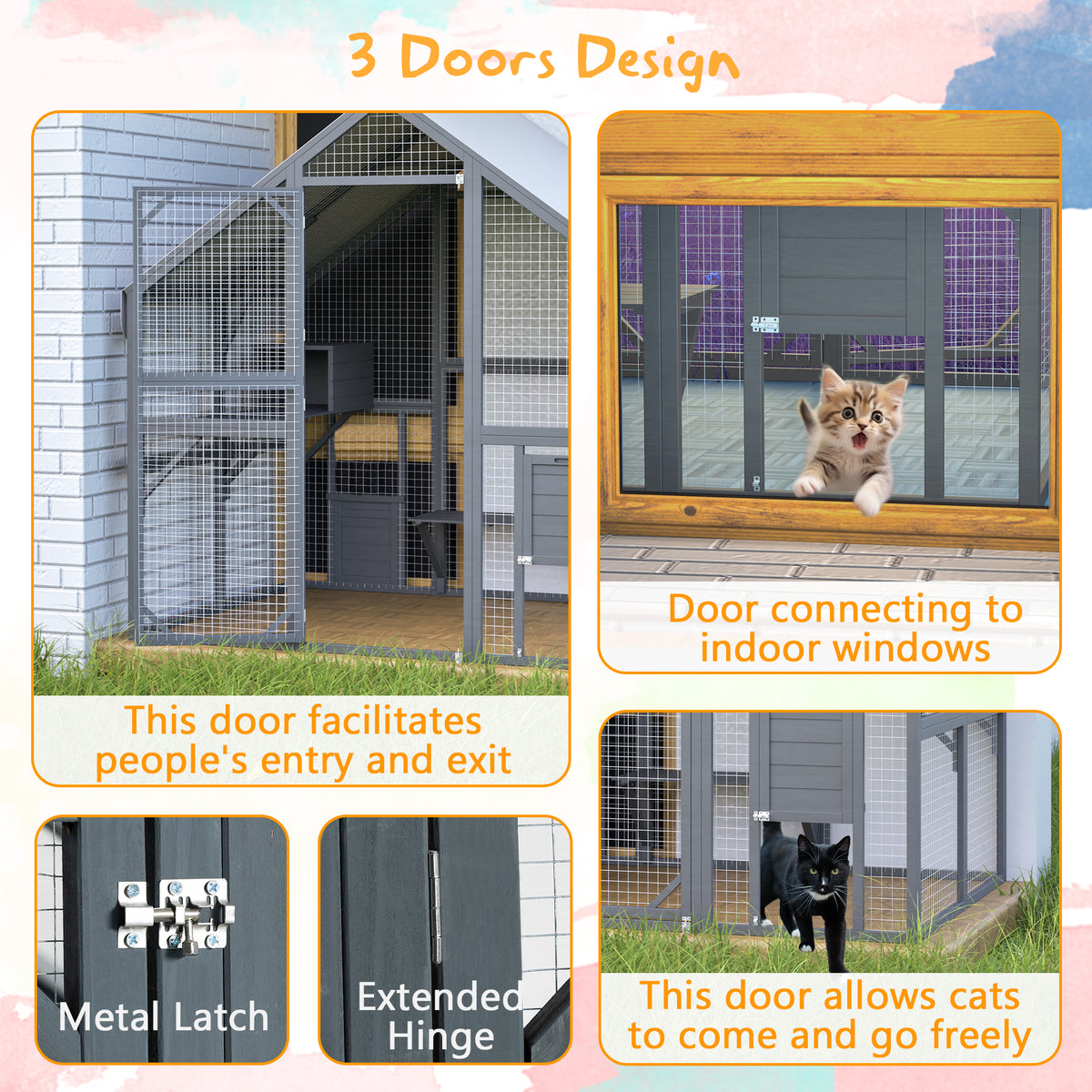 Large Outdoor Cat House, 28ft² Luxury Wooden Cat Run Enclosure Walk in Cat Catio Kitten Condo with 2 Cat Doors, 2 Plaype