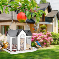 1Pc Metal Hanging Bird Feeder House Classic Barn Bird Feeder House Iron Hanging Outdoor Feeder With Visible Window And L