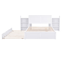 Full Size Storage Platform Bed with Pull Out Shelves and Twin Size Trundle, White