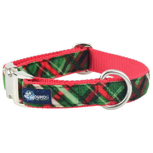 Christmas Plaid Green Velvet Essential Martingale Dog Collar (1″ Only)-Pet Collars & Leashes-BIG FRENCHIES-2 Hounds Design