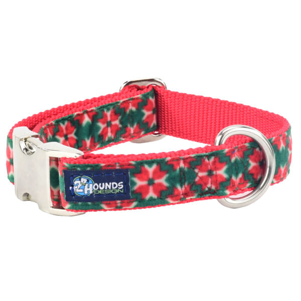 Poinsettia Holiday Velvet Essential Dog Collar (1″ Only)-Pet Collars & Leashes-BIG FRENCHIES-2 Hounds Design
