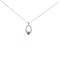 .925 Sterling Silver Created Green Emerald and White Sapphire Oval Shaped Pendant Necklace - 18" Inches