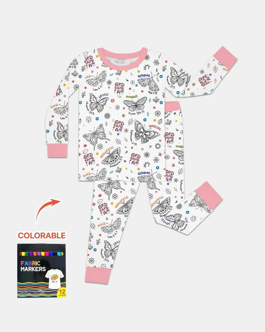 Colorable God Says I Am Butterfly Bamboo Two Piece Long Sleeve Pajama Set