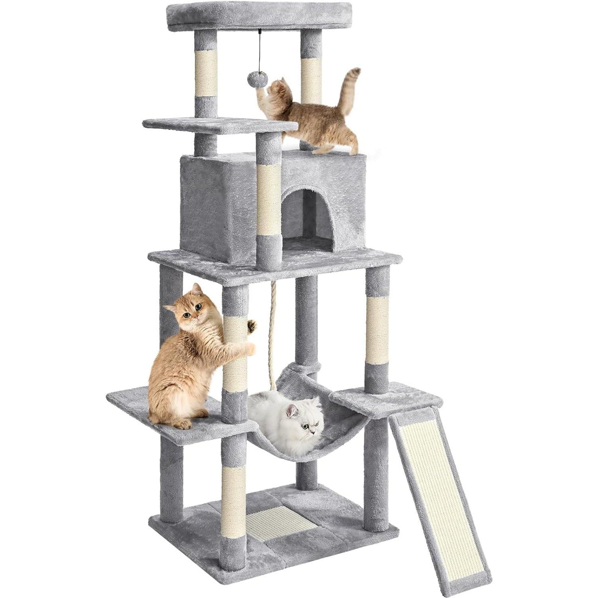 ABCPET 63-inch Multi-level Cat Climbing Frame, Indoor Cat Sisal Scratch Post, Cat Bed, Hammock, Hanging Ball, Extension 