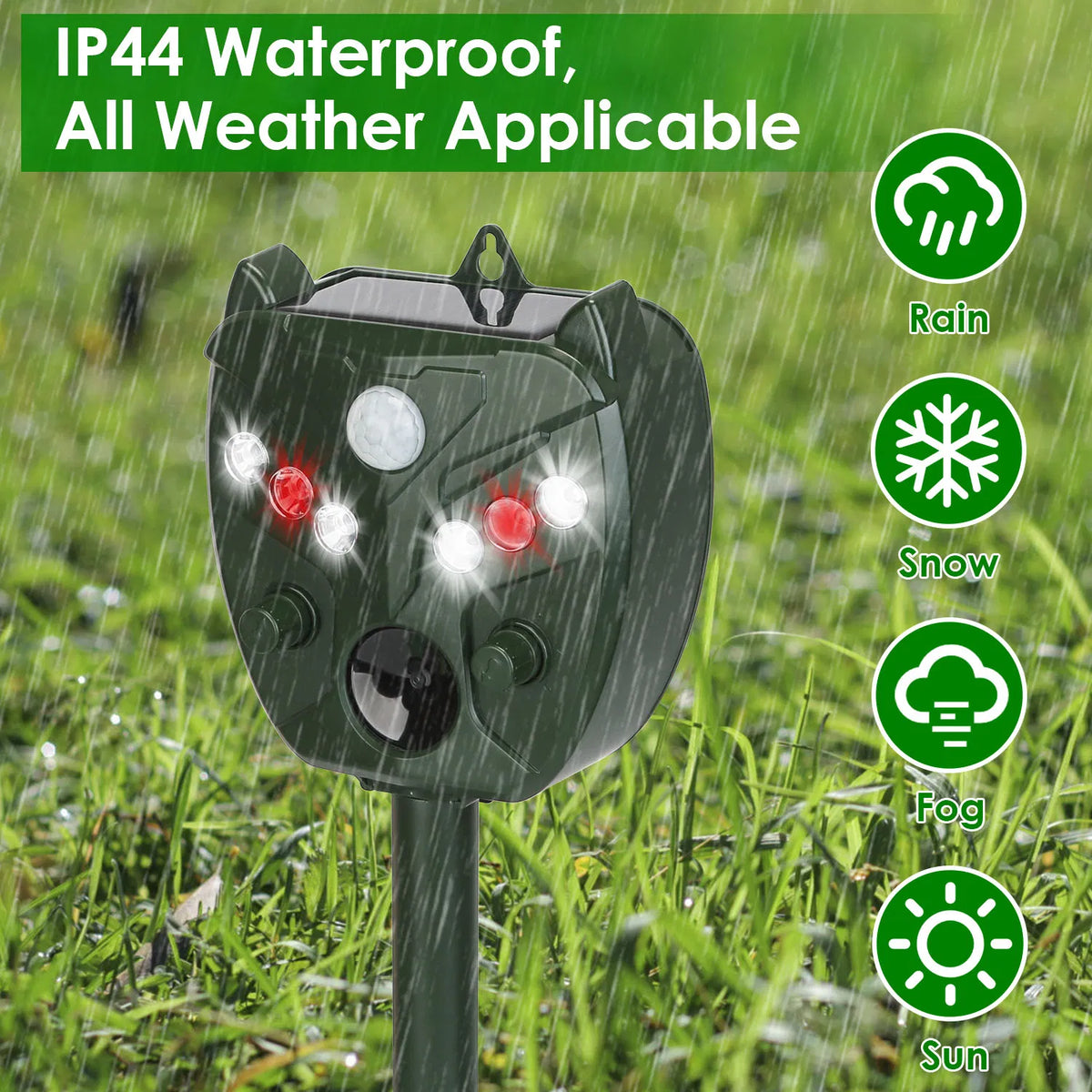 5Setting Outdoor Ultrasonic Deterrent Unit, Solar and Micro USB Dual Charging, PIR Motion Detection, IP44 ABS Constructi