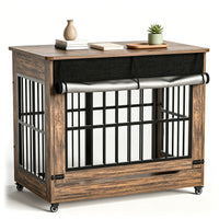 46in Large Dog Crate Furniture, Double Door Wooden Indoor Dog Kennel Furniture, Decorative Pet Cage End Table With Wheel