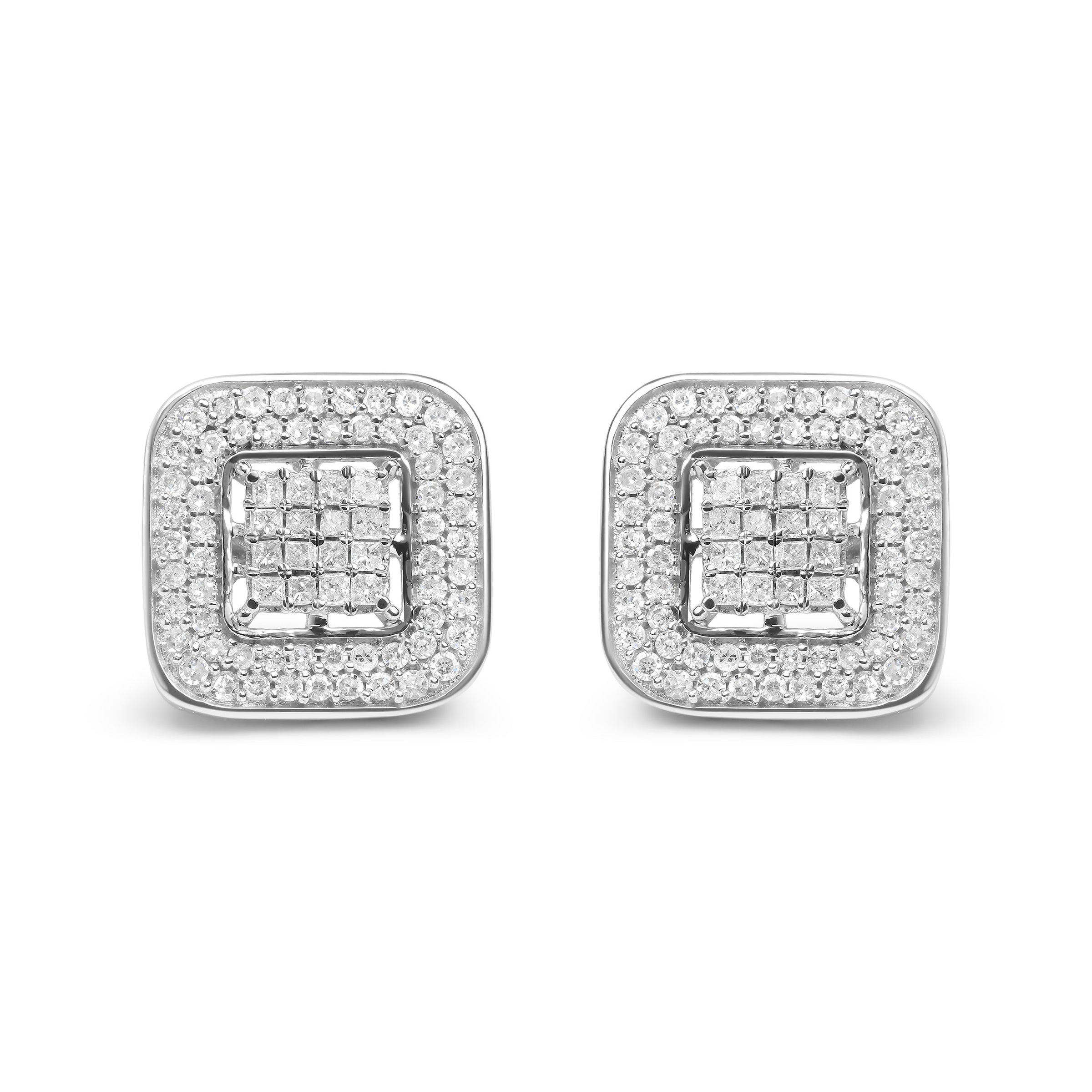 10K White Gold 1.0 Cttw Round and Princess Cut Diamond Composite Open Halo Stud Earrings (H-I Color, SI1-SI2 Clarity)
