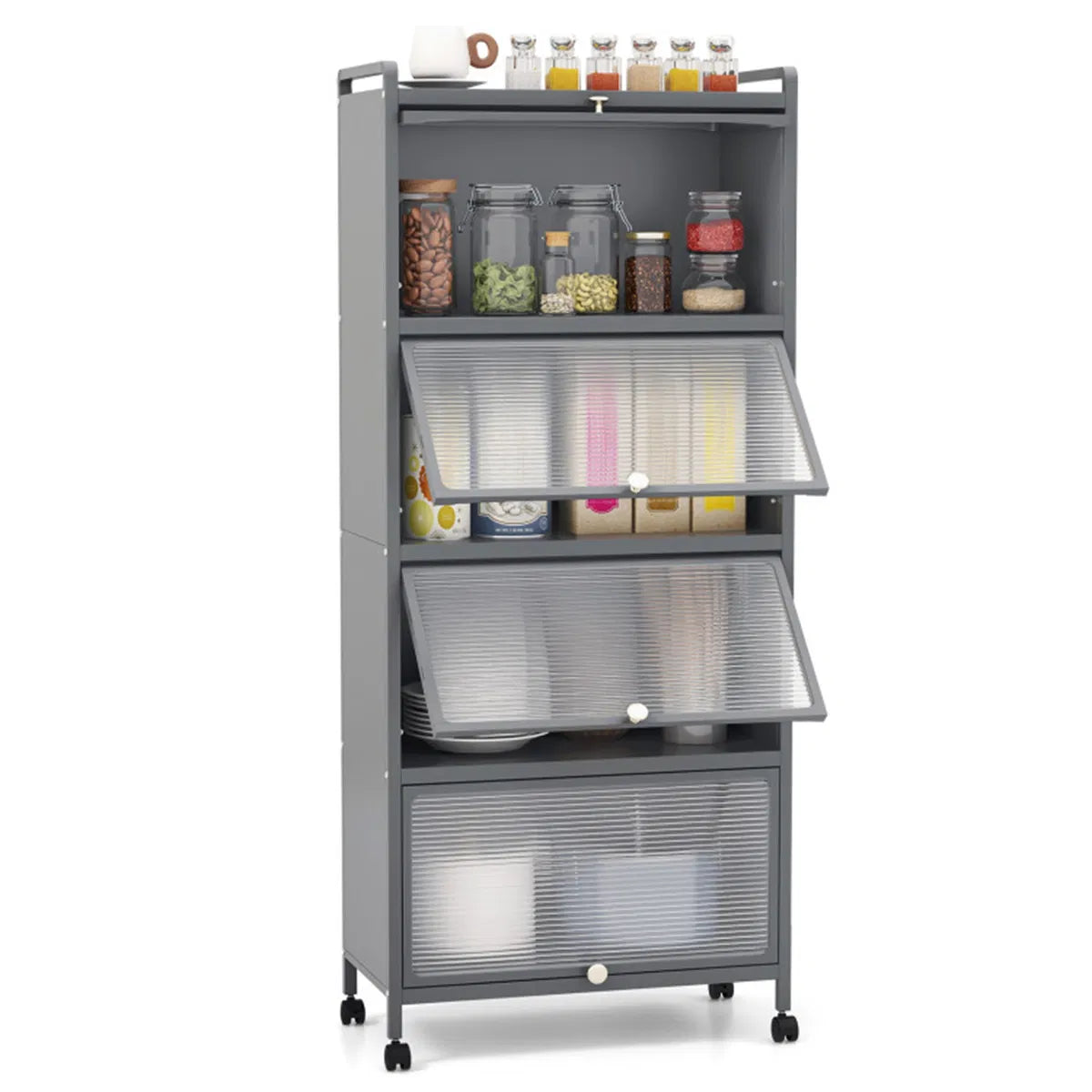 5-Tier Rolling Microwave Stand Flip Dust-Proof Doors 4 Casters with Brakes Kitchen Storage Rack Gray