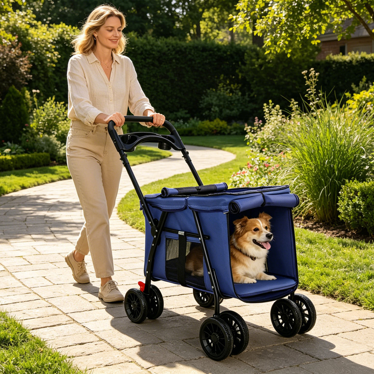 Pet Stroller, Foldable 4-Wheel Design, Breathable Mesh Dog Cat Stroller with Shockproof Wheels, Brake System, Storage Tr