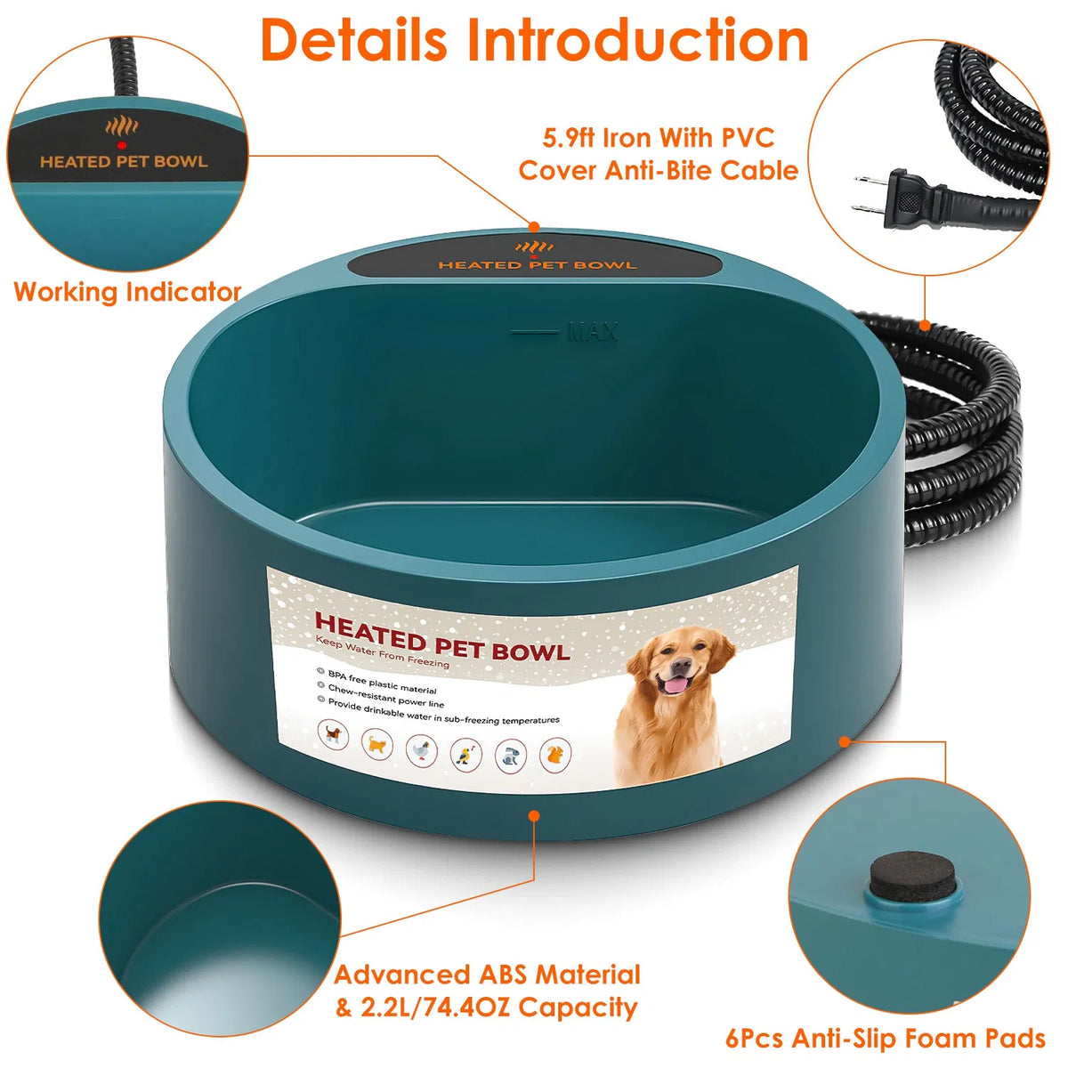 Heated Water Bowl for Dog Cat 74.4OZ Heating Water Dish IP67 Waterproof Thermal Water Bowl Heated Pet Bowl Dog Cat Water