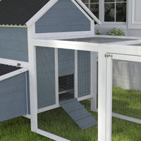 156Extra Large Wooden Chicken Coop With 2 Nesting Box, Run Cage, Waterproof Wave Roof, For 10-15 Chickens, Light GrayMul