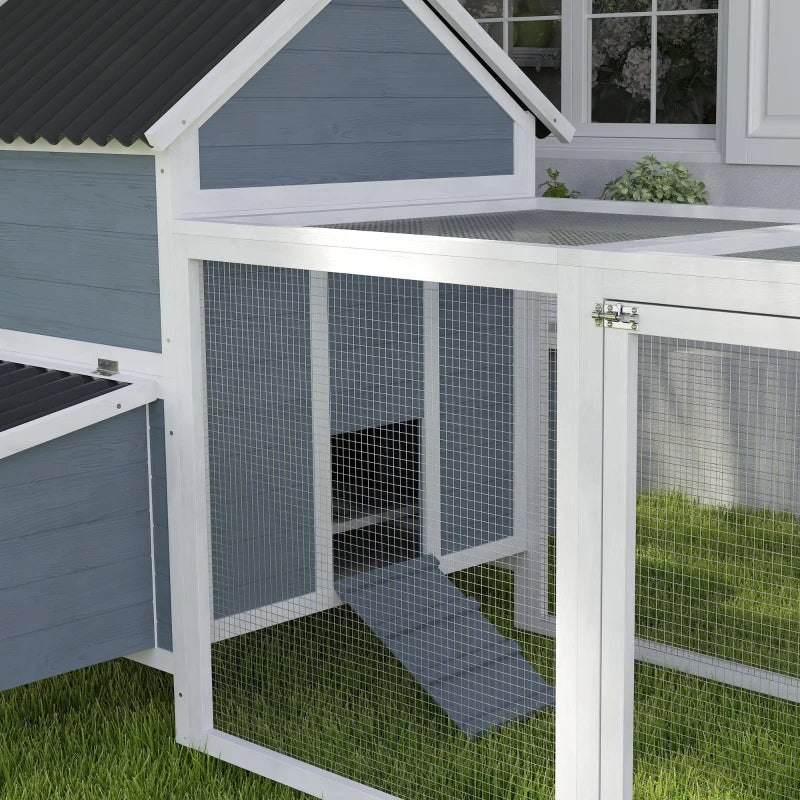 156Extra Large Wooden Chicken Coop With 2 Nesting Box, Run Cage, Waterproof Wave Roof, For 10-15 Chickens, Light GrayMul