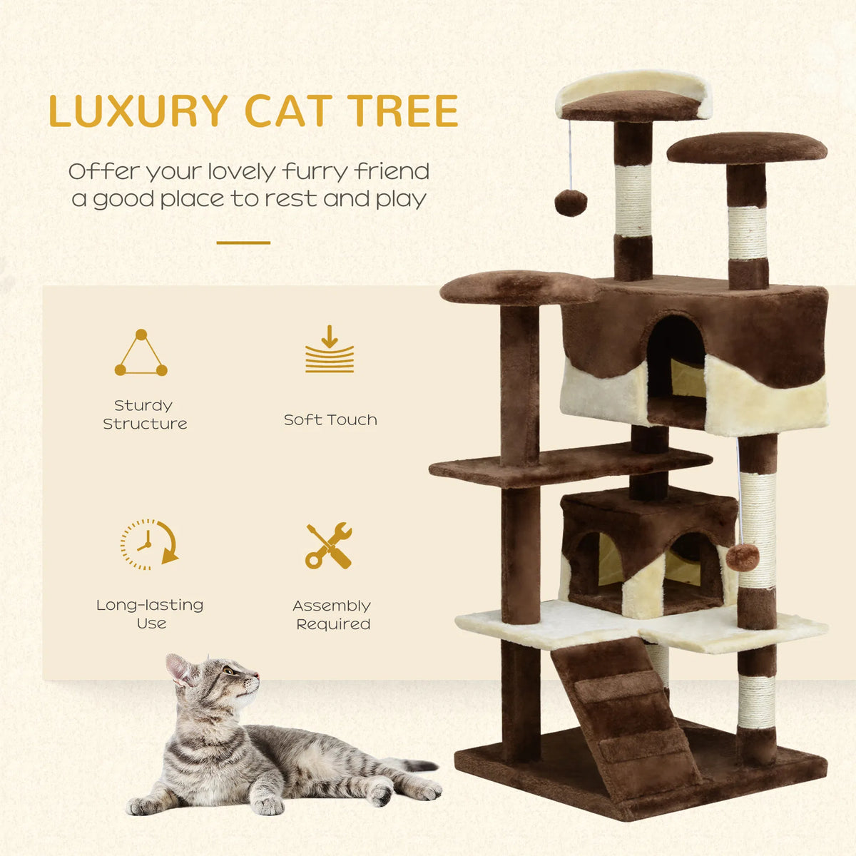 53" Cat Tree Scratching Large Kitten Play House Multi-Level Activity Center Pet Furniture