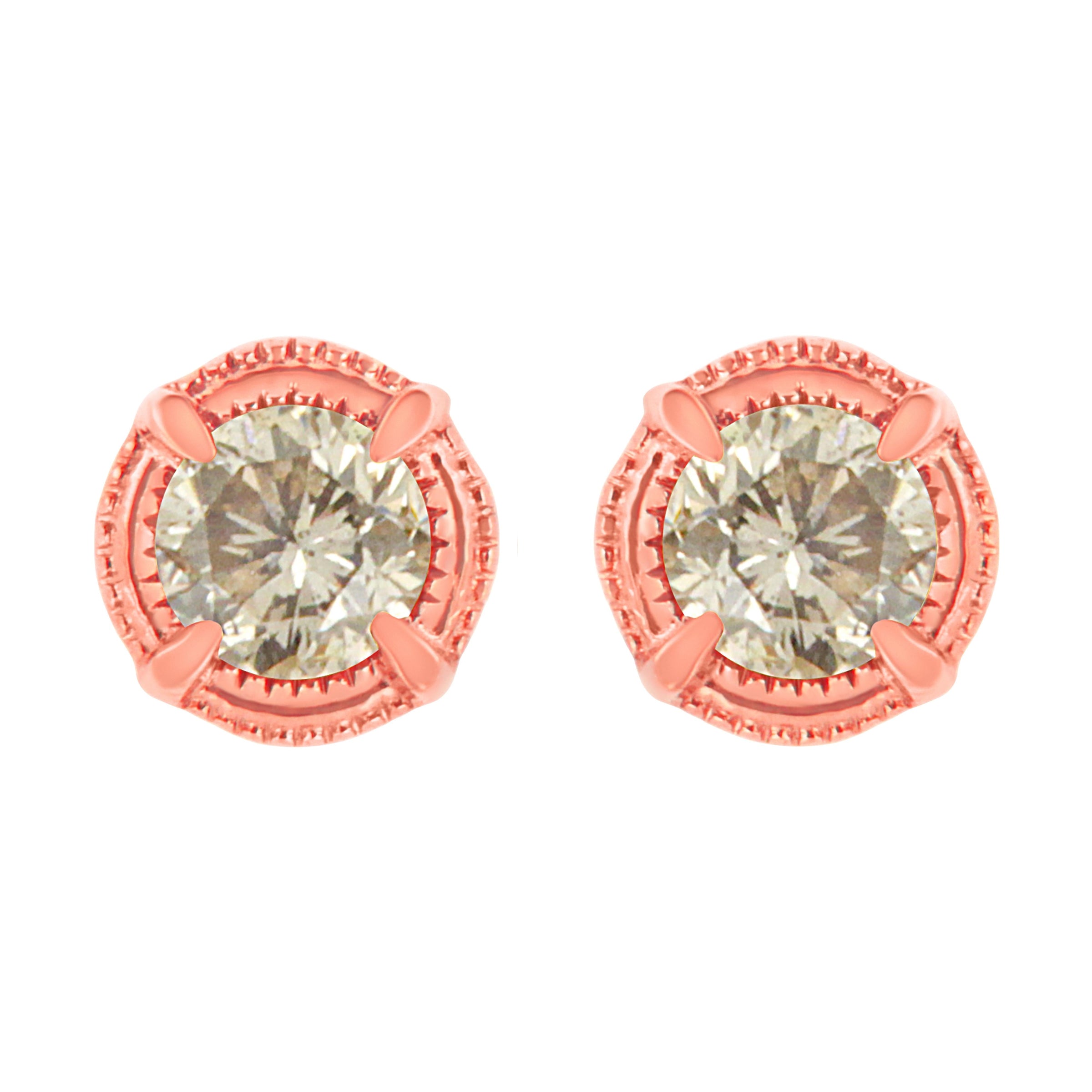 14K Yellow Gold Plated .925 Sterling Silver 1.0 Cttw Round Brilliant Cut Diamond Solitaire Milgrain Stud Earrings (K-L Color, I2-I3 Clarity)