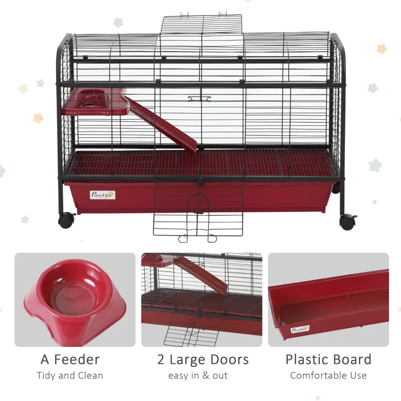 PawHut 41L Small Animal Cage, Pet Play House For Rabbit Hutch Ferret With Feeder, Rolling Wheels, Platform, Ramp