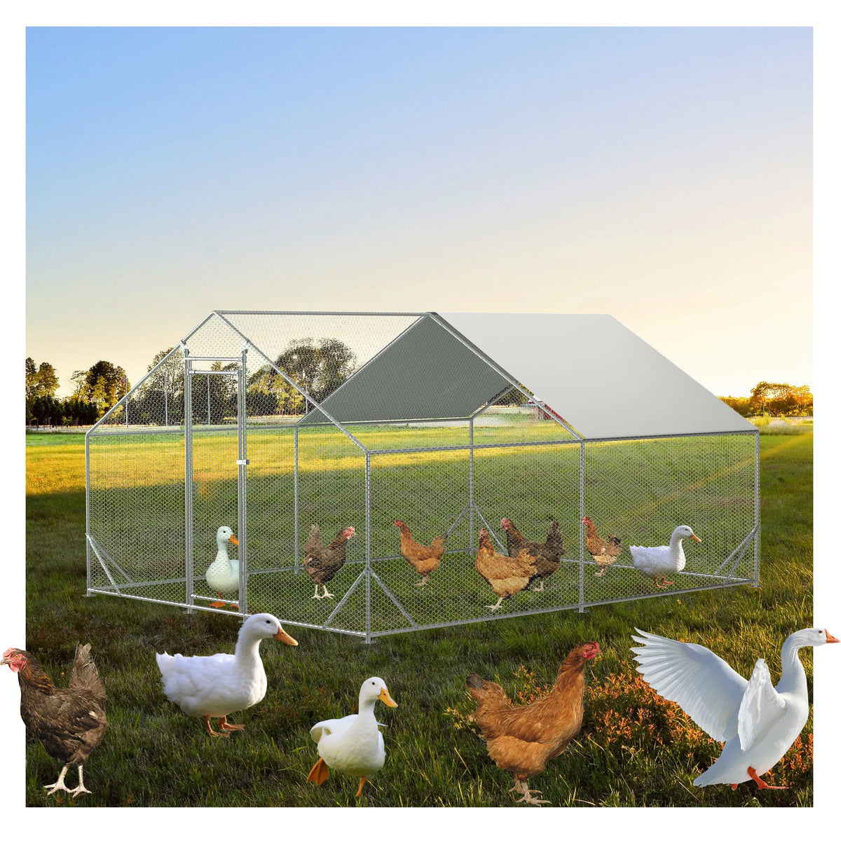 10 x 13ft Outdoor Large Metal Chicken Run Coop with 1 piece of Waterproof Cover, Garden Backyard Walk-in Hen Cage Poultr