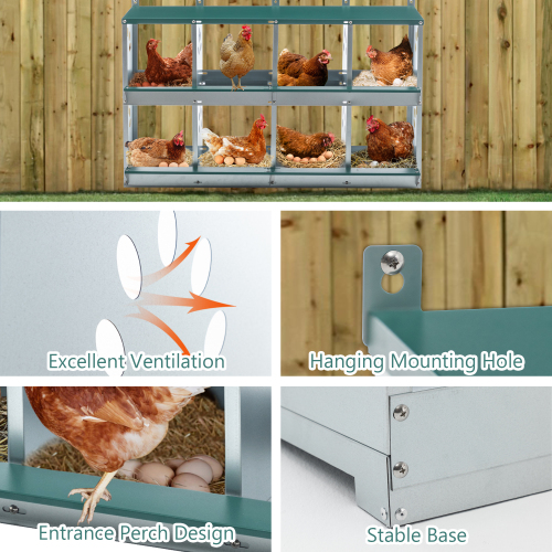 8 Compartment Chicken Nesting Boxes,For Laying Eggs, Metal Poultry Nest Box Wall Mount For Chickens, Hens, Large Vented 