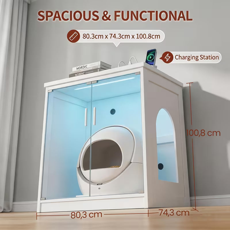 White Smart Litter Box Cabinet with Panoramic Glass Door & RGB Lighting – Self-Cleaning Litter Box Enclosure