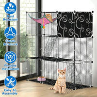 3-Level Metal Cat Cage Enclosure, Modular Pet Habitat with 3 Doors, 2 Ladders, Plush Hammock and Toy Ball for Small Indo